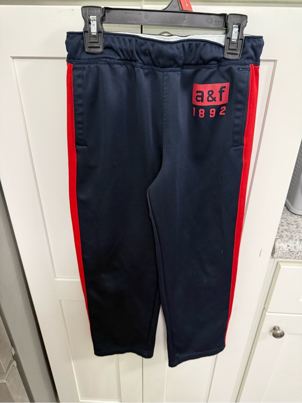 Abercrombie & Fitch Navy Sweatpants with Red Side Stripes